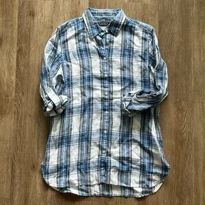 Lauren Ralph Lauren Linen Plaid Button Front Shirt Blue & White Small Petite